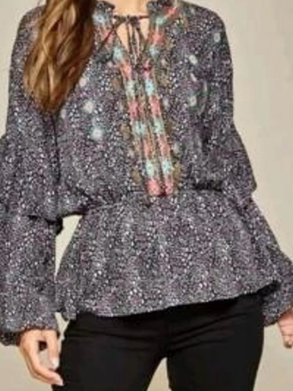 Savanna Jane Black Floral Peplum Blouse with Multicolor Embroidered Placket